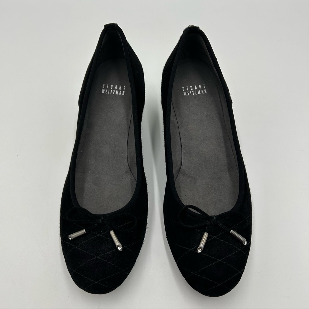 Stuart Weitzman Quilted Bow Wedge Heels Suede Size 9.5M Black Career Comfort